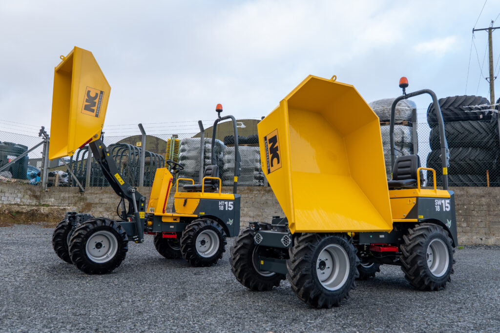 Two NC Engineering 1 tonne dumpers with raised skip positions, available from Kellands Plant Sales, official NC dealer for South West, South East and Greater London