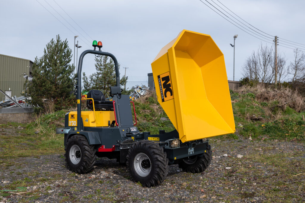 NC Engineering 3 tonne swivel tip site dumper with raised skip, available from Kellands Plant Sales, official NC dealer for South West, South East and Greater London