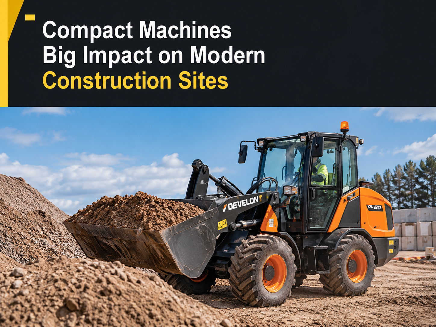 Compact construction machinery: wheel loader moving soil on a construction site