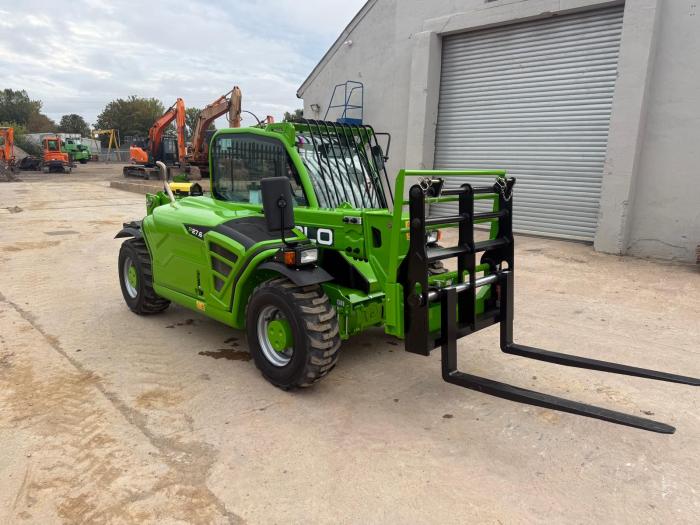 New Merlo P27.6 telehandler showing its front screen guard and pallet forks