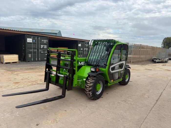 New green Merlo P27.6 telehandler with screen guard and pallet forks at Kellands Plant Sales