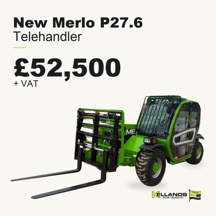 New Merlo P27.6 telehandler – £52,500 + VAT, with Kellands Plant Sales logo