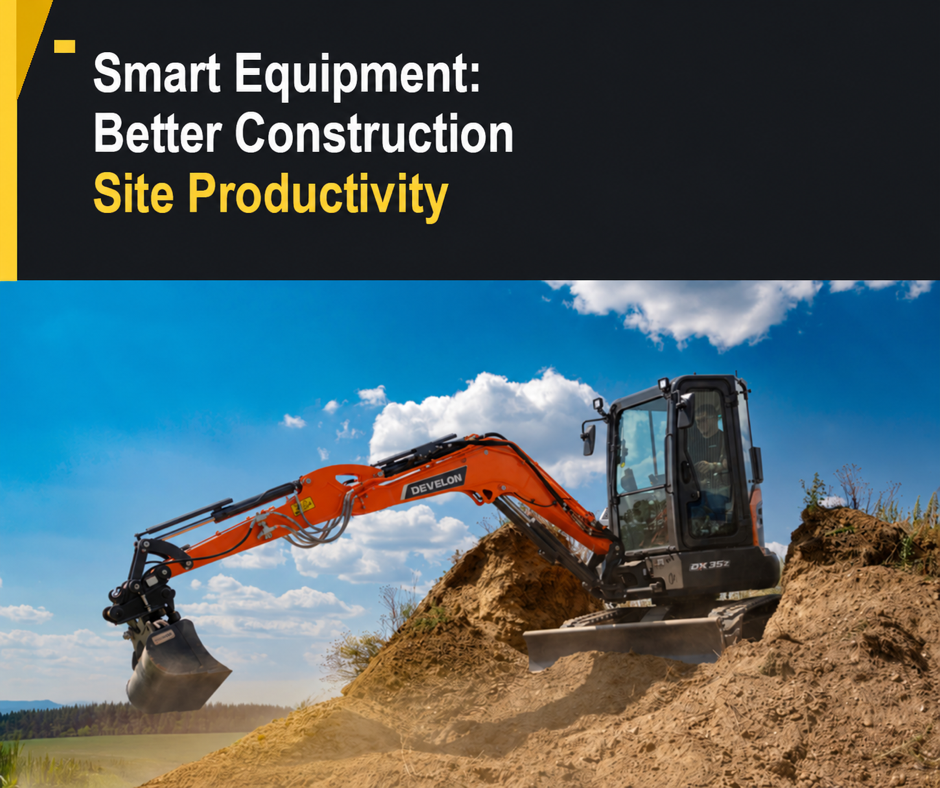 Smart equipment for better construction site productivity, illustrated with a Develon excavator at work.